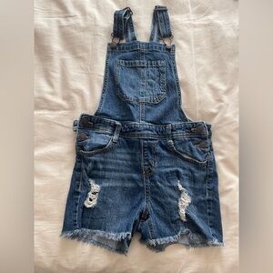 Distressed Denim Short Overalls - Blue